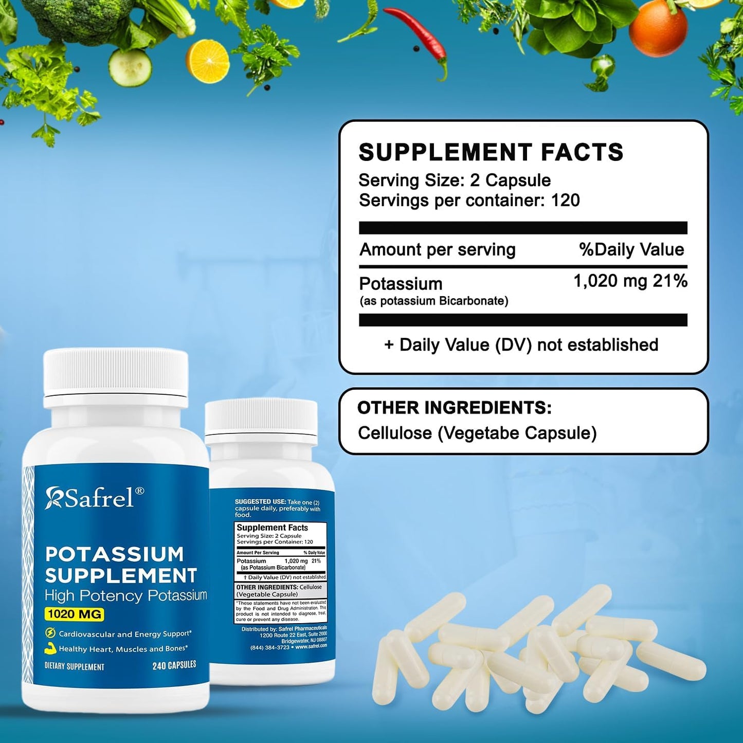 Premium Safrel Potassium Supplement 1020mg - 240 Vegetarian Capsules (Non-GMO, Gluten-Free) - Made in USA - 120 Servings