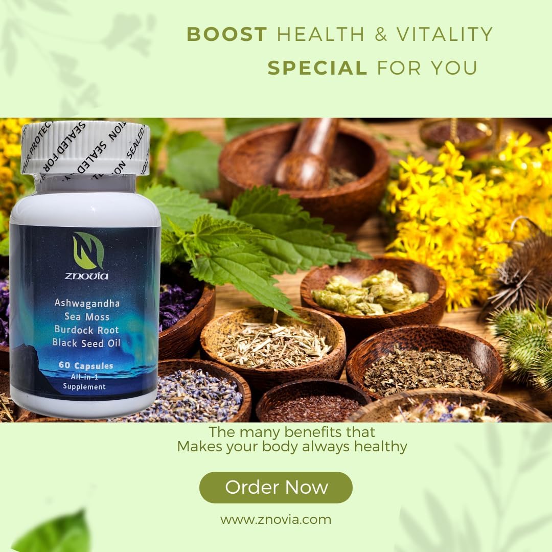 Premium Sea Moss Ashwagandha Turmeric Black Seed Bladderwrack Capsules with Vitamin C, D, Elderberry, Manuka, Dandelion, Yellow Dock, Iodine, Chlorophyll & ACV - Natural Supplement