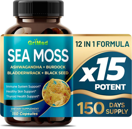 Premium Sea Moss Extract Capsules with Ashwagandha, Burdock, Bladderwrack, Black Seed - Immune System Support - Made in USA - 150 Count - BoostGo Australia