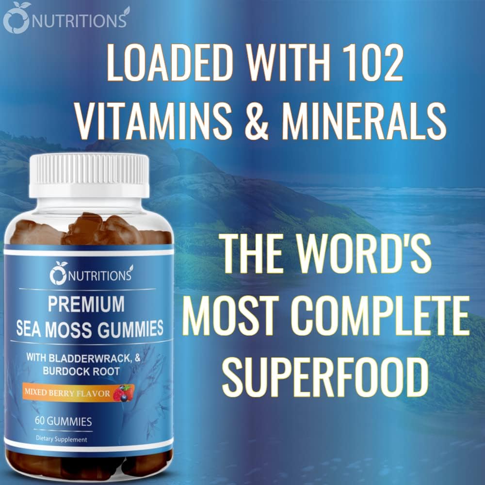 Premium Sea Moss Gummies with Irish Sea Moss, Burdock Root, and Bladderwrack - Raw Alkaline Supplement by O NUTRITIONS