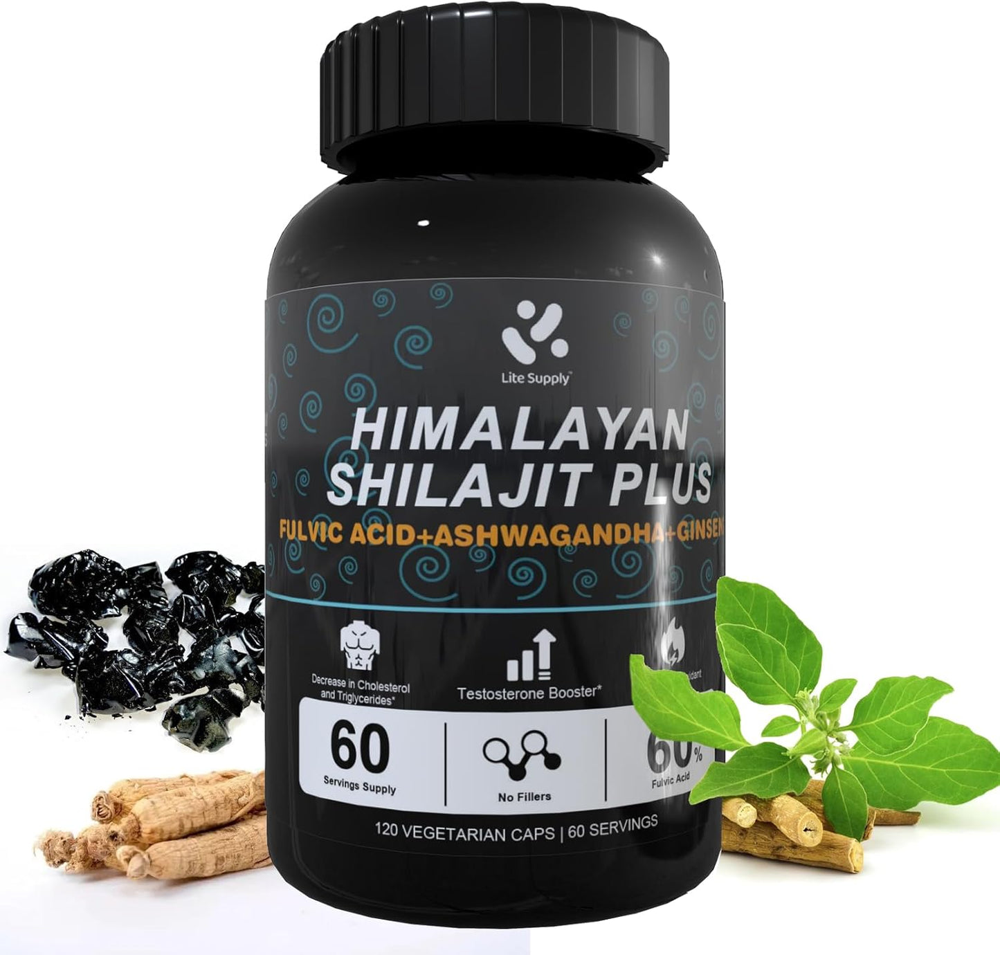Premium Shilajit Himalayan Supplement Capsules with Fulvic Acid, Ashwagandha, Ginseng Extract - 120 Vegan Capsules for Men's Energy Support with High Trace Minerals