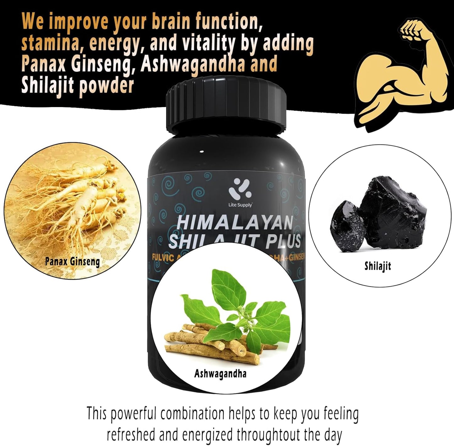 Premium Shilajit Himalayan Supplement Capsules with Fulvic Acid, Ashwagandha, Ginseng Extract - 120 Vegan Capsules for Men's Energy Support with High Trace Minerals