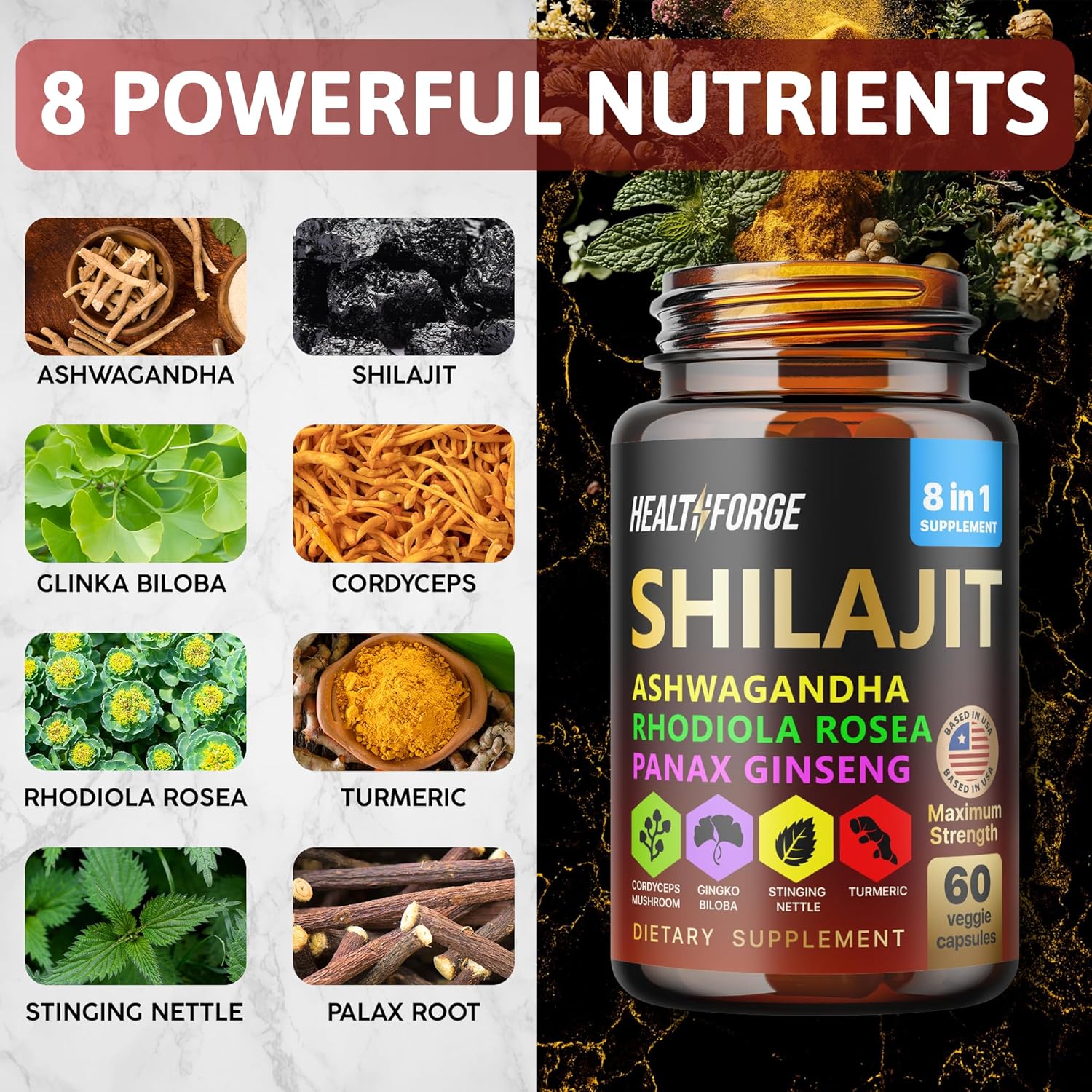 Premium Shilajit Supplement Capsules for Men and Women - Pure Himalayan Blend with Ashwagandha, Rhodiola Rosea, and Ginseng