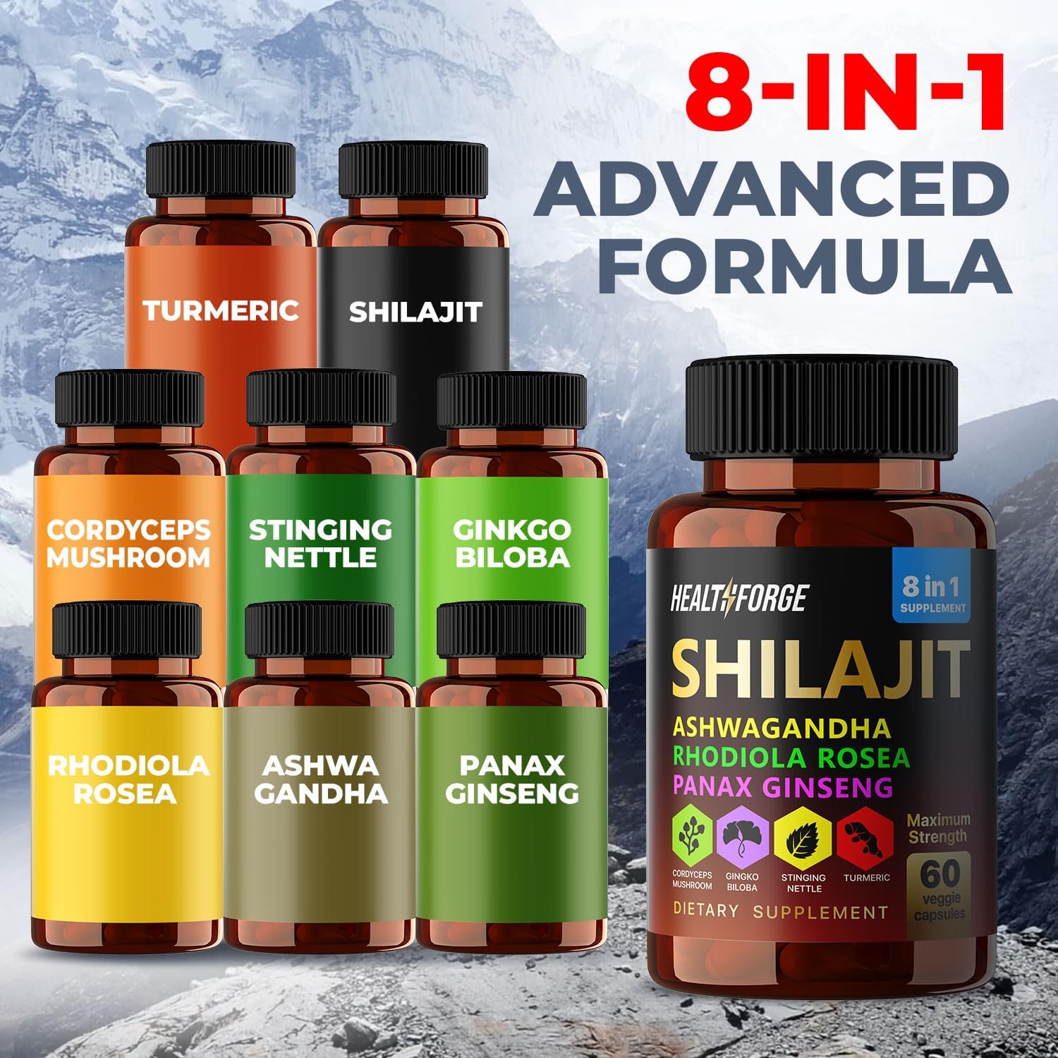 Premium Shilajit Supplement Capsules for Men and Women - Pure Himalayan Blend with Ashwagandha, Rhodiola Rosea, and Ginseng