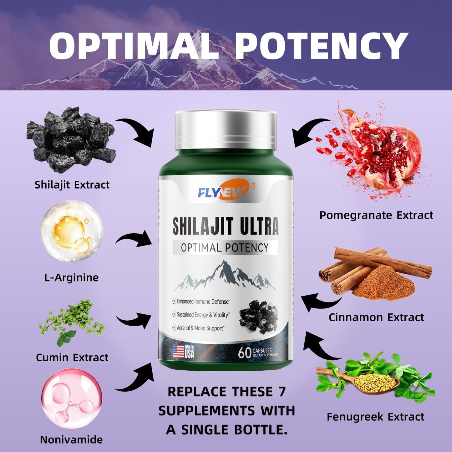 Premium Shilajit Ultra Supplement for Energy, Vitality & Potency - 60 Capsules - Made in USA - with L-arginine, Pomegranate, Cinnamon, Fenugreek, Cumin Extracts