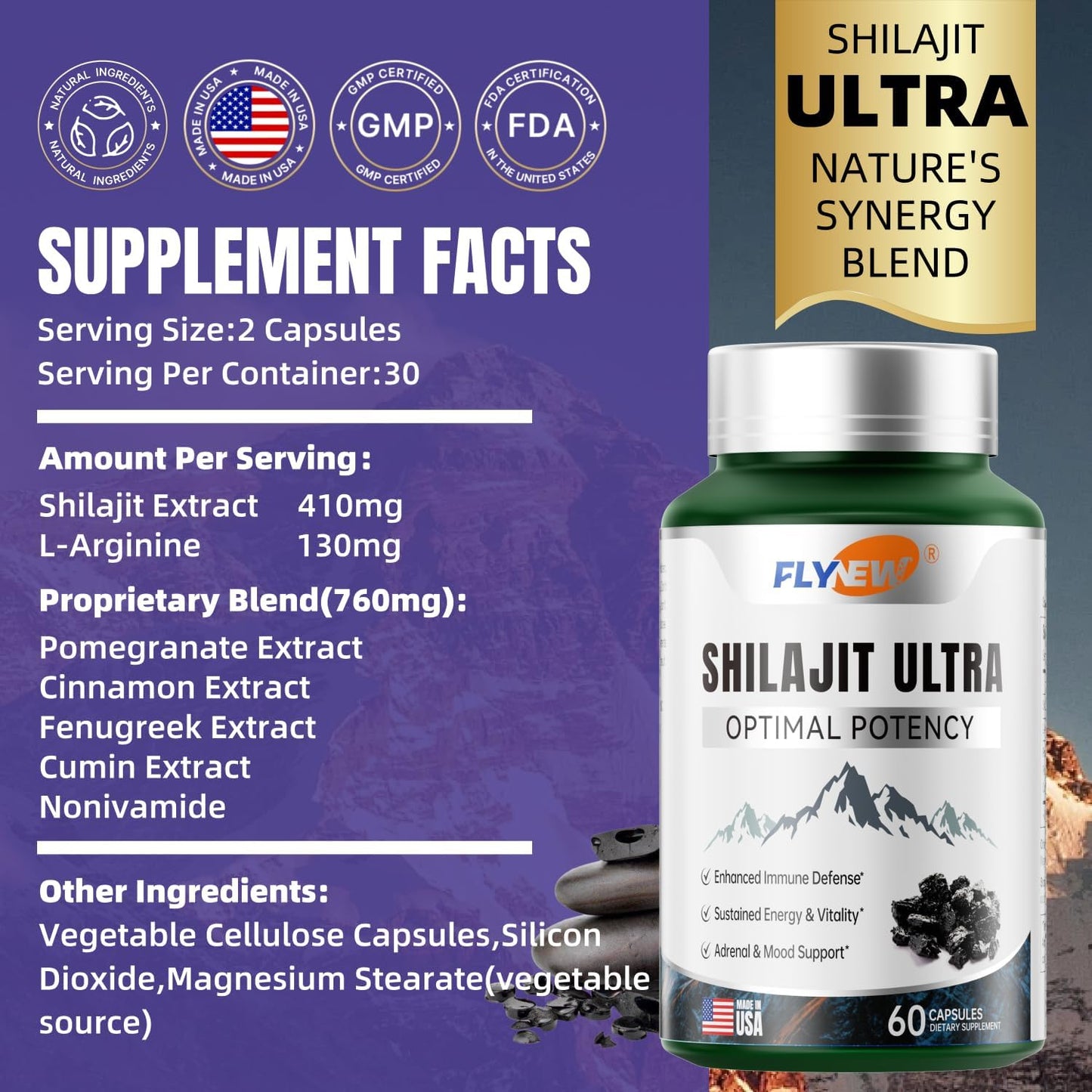 Premium Shilajit Ultra Supplement for Energy, Vitality & Potency - 60 Capsules - Made in USA - with L-arginine, Pomegranate, Cinnamon, Fenugreek, Cumin Extracts