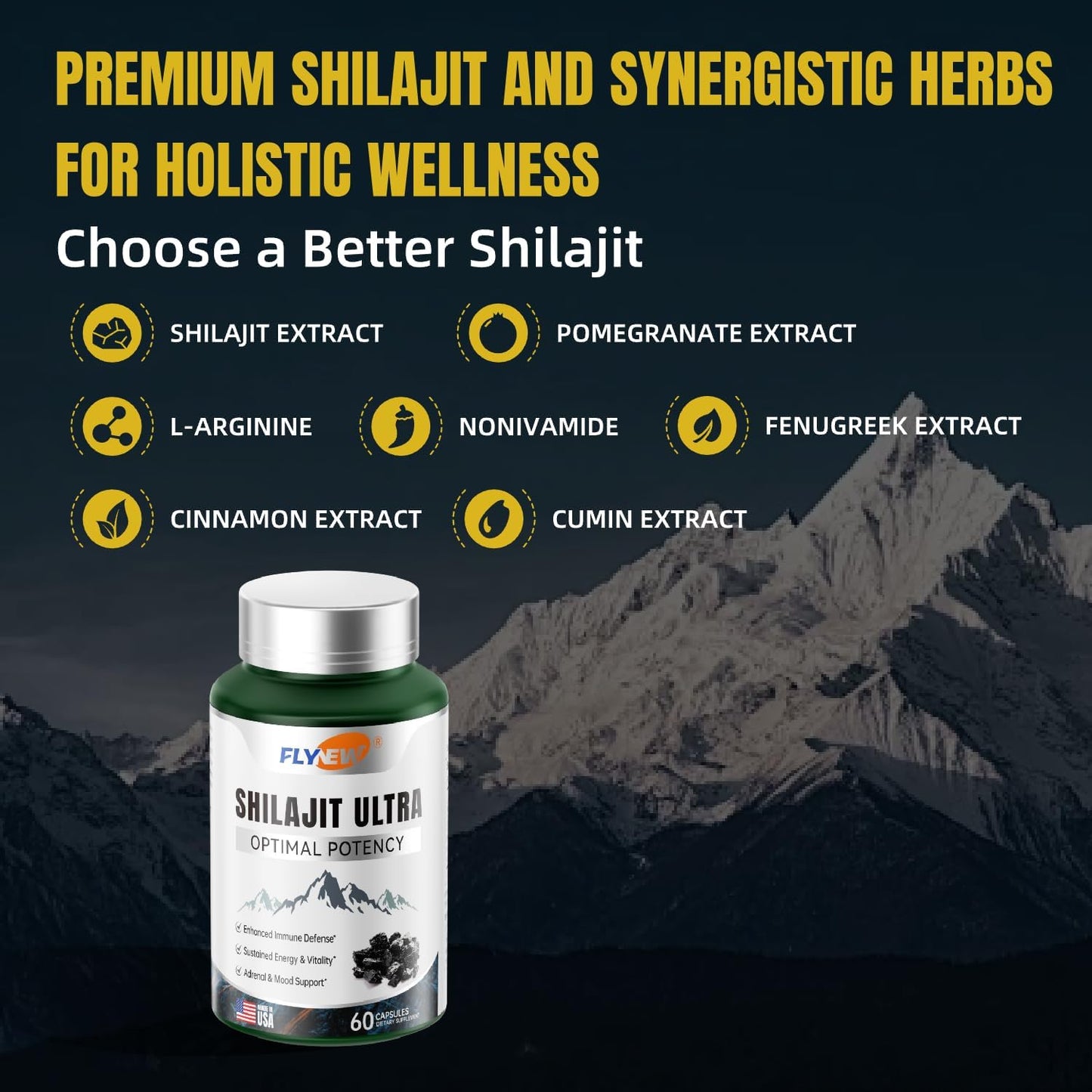 Premium Shilajit Ultra Supplement for Energy, Vitality & Potency - 60 Capsules - Made in USA - with L-arginine, Pomegranate, Cinnamon, Fenugreek, Cumin Extracts