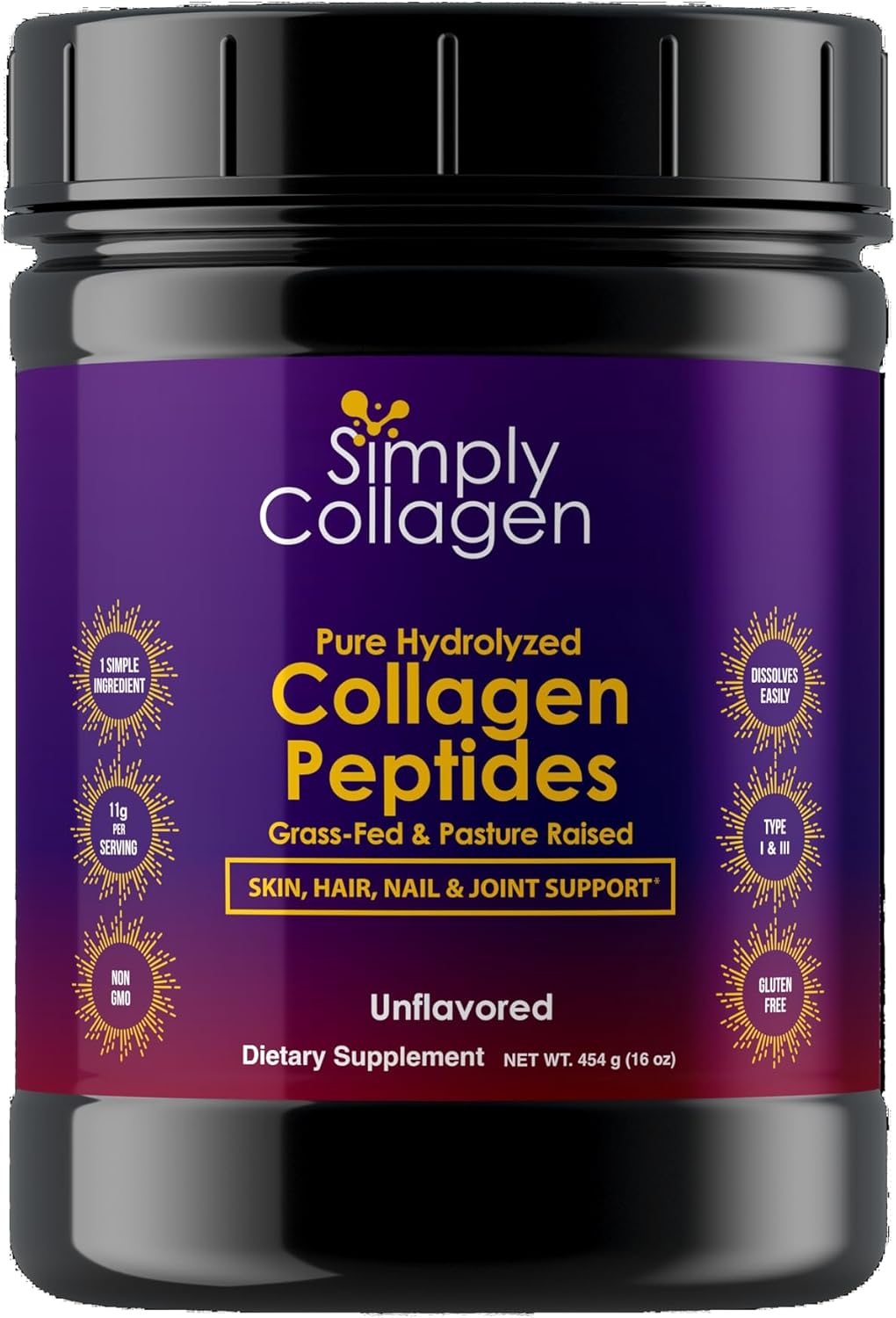 Premium Simply Collagen® Hydrolyzed Peptides - Boosts Hair, Skin, Nails, Bones & Joints - Grass Fed Type I & III - 41 Servings