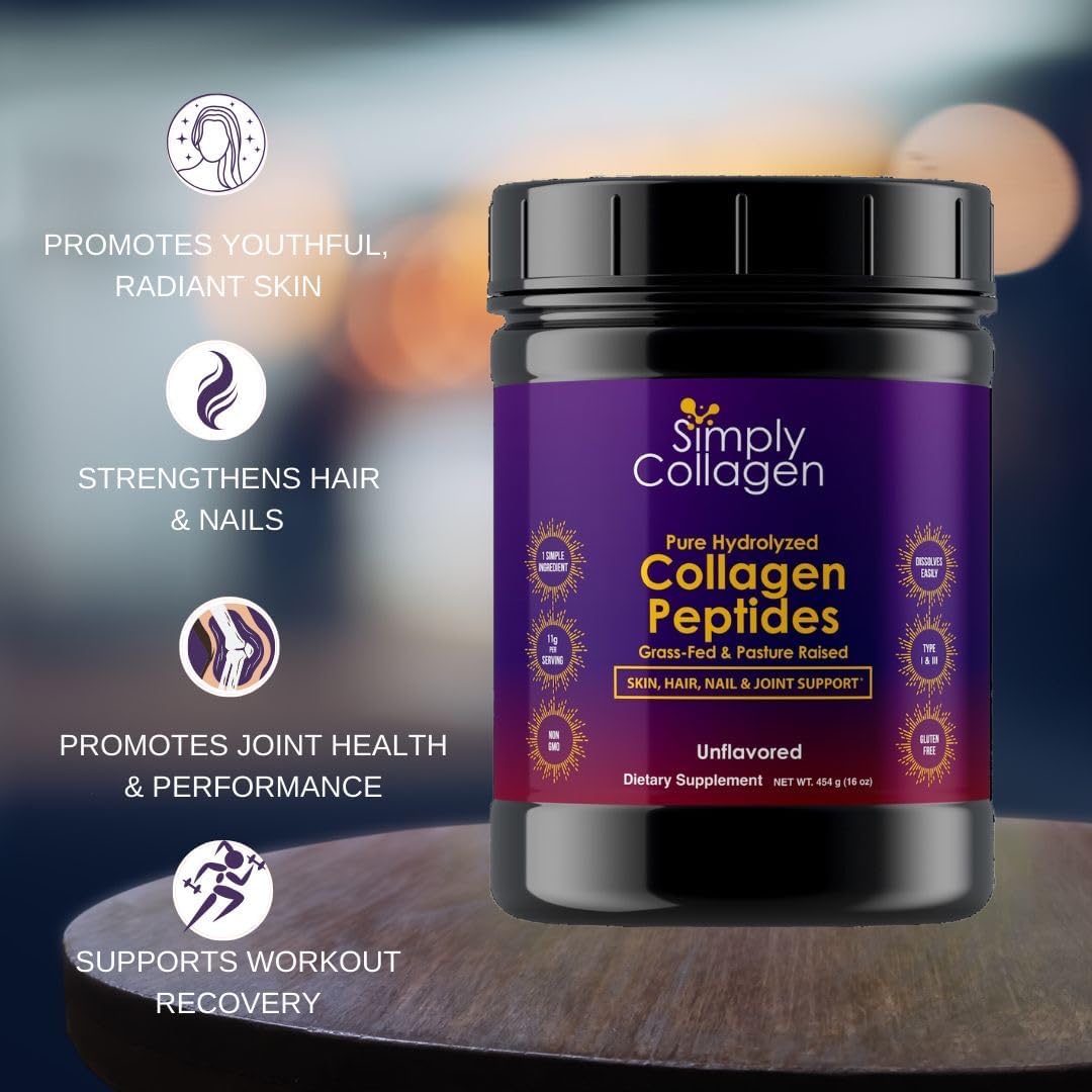Premium Simply Collagen® Hydrolyzed Peptides - Boosts Hair, Skin, Nails, Bones & Joints - Grass Fed Type I & III - 41 Servings