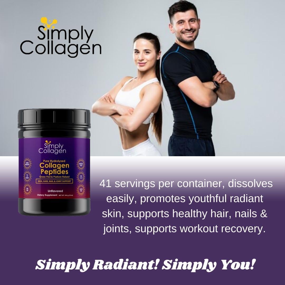 Premium Simply Collagen® Hydrolyzed Peptides - Boosts Hair, Skin, Nails, Bones & Joints - Grass Fed Type I & III - 41 Servings