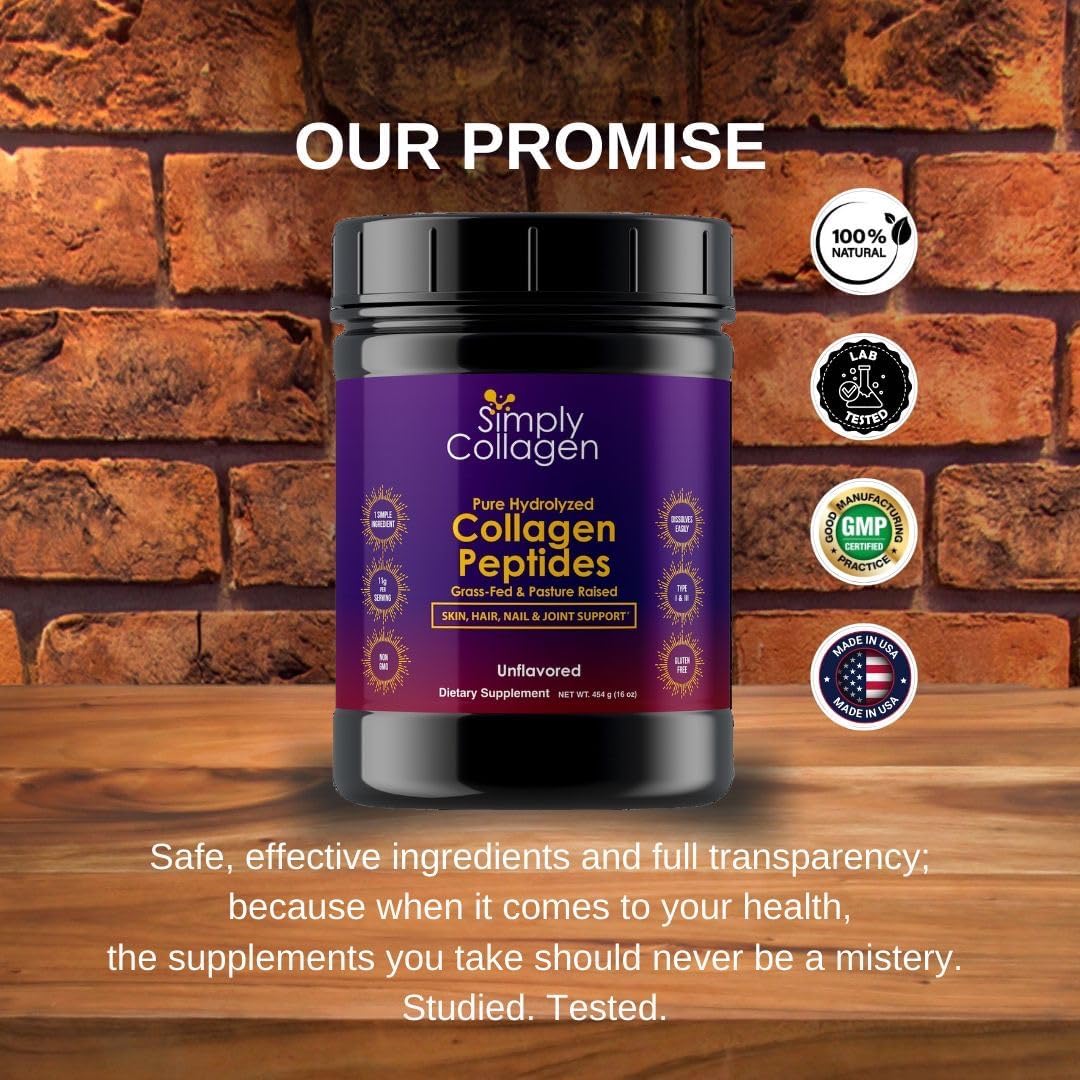 Premium Simply Collagen® Hydrolyzed Peptides - Boosts Hair, Skin, Nails, Bones & Joints - Grass Fed Type I & III - 41 Servings