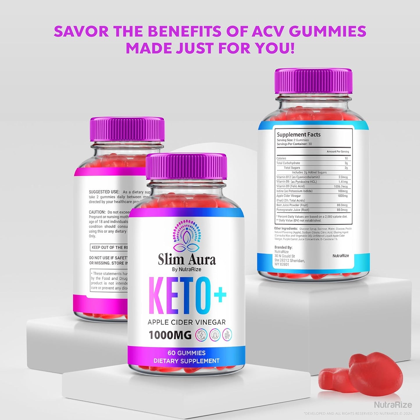 Premium Slim Aura Keto ACV Gummies (2 Pack) for Weight Loss - Natural Apple Cider Vinegar Gummy with Keto Formula - 120 Gummies