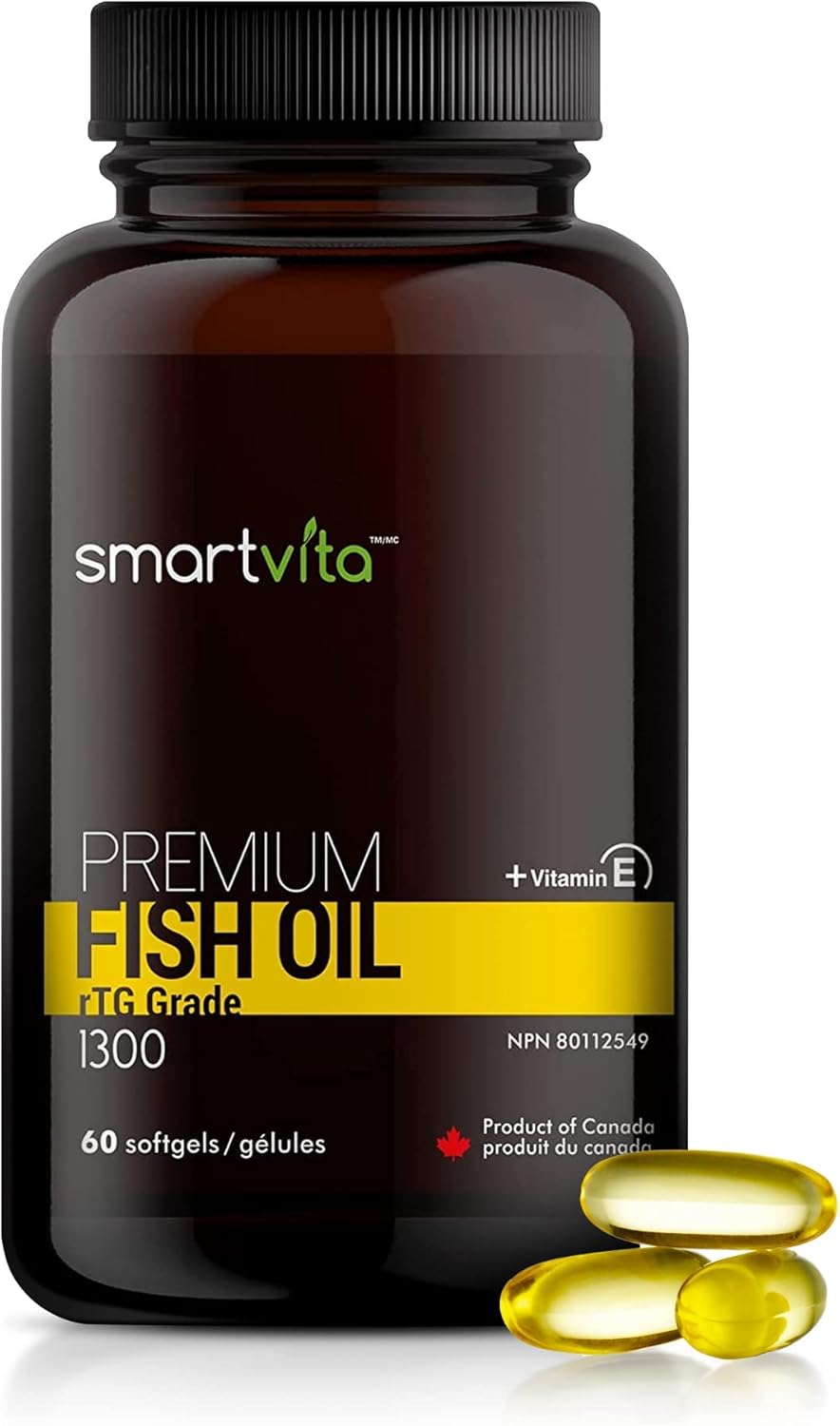 Premium Smartvita Fish Oil Capsules with rTG Grade Omega 3, EPA, DHA, & Vitamin E - Burpless Multivitamin Supplement for Men & Women, 60 Softgels