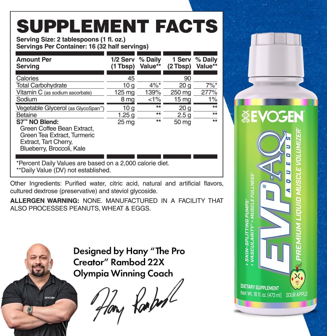 Premium Sour Apple Pre Workout Liquid Glycerol Muscle Volumizer for Men & Women - Evogen EVP AQ - 16 fl oz - Enhances Pumps, Vascularity, & Hydration