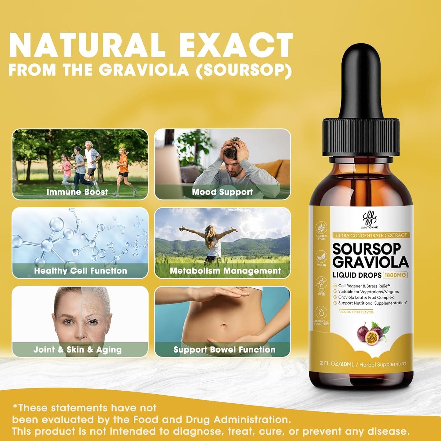 Premium Soursop Graviola Liquid Drops - Digestion, Skin, Sleep Support - Passion Fruit Flavor - 2 Fl Oz