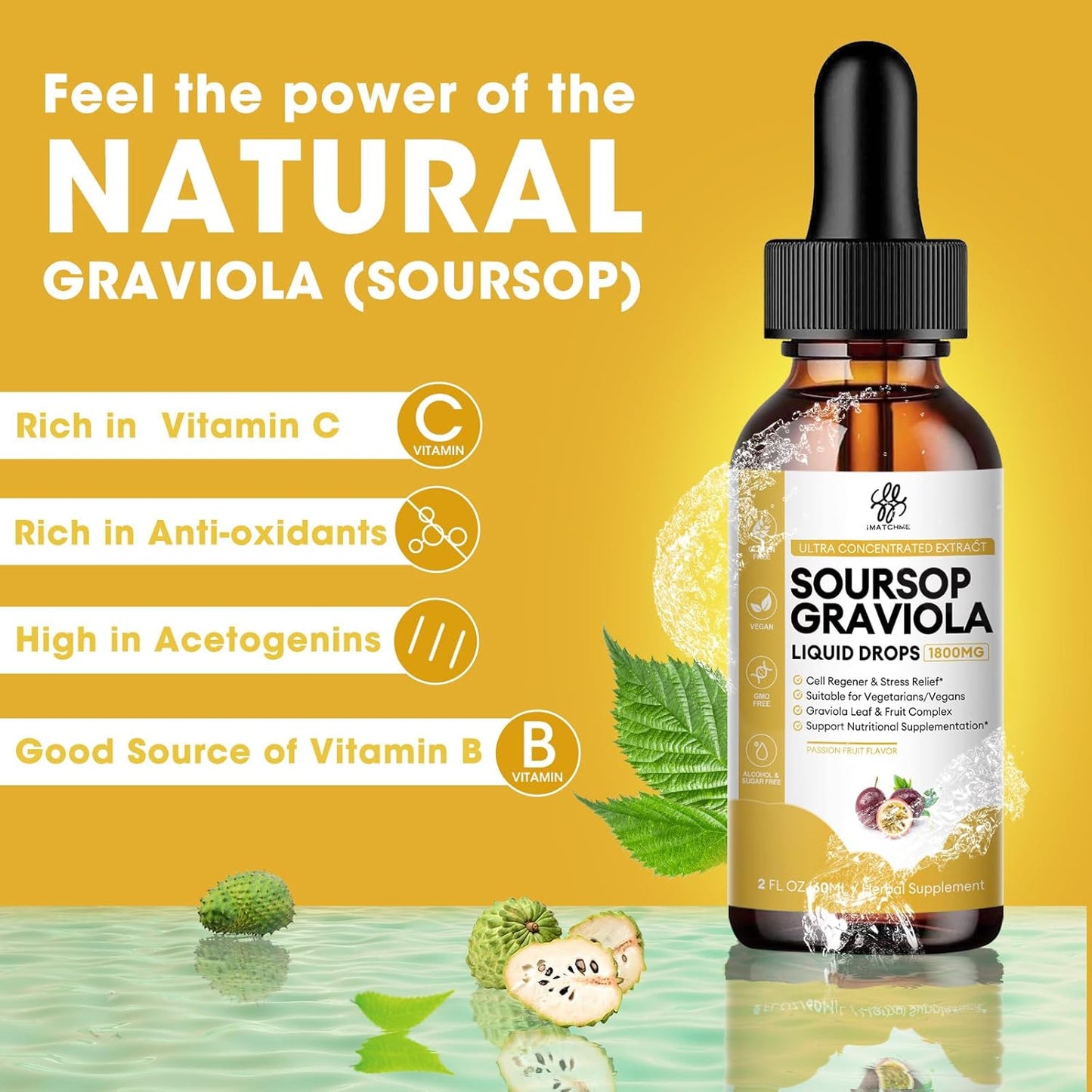 Premium Soursop Graviola Liquid Drops - Digestion, Skin, Sleep Support - Passion Fruit Flavor - 2 Fl Oz