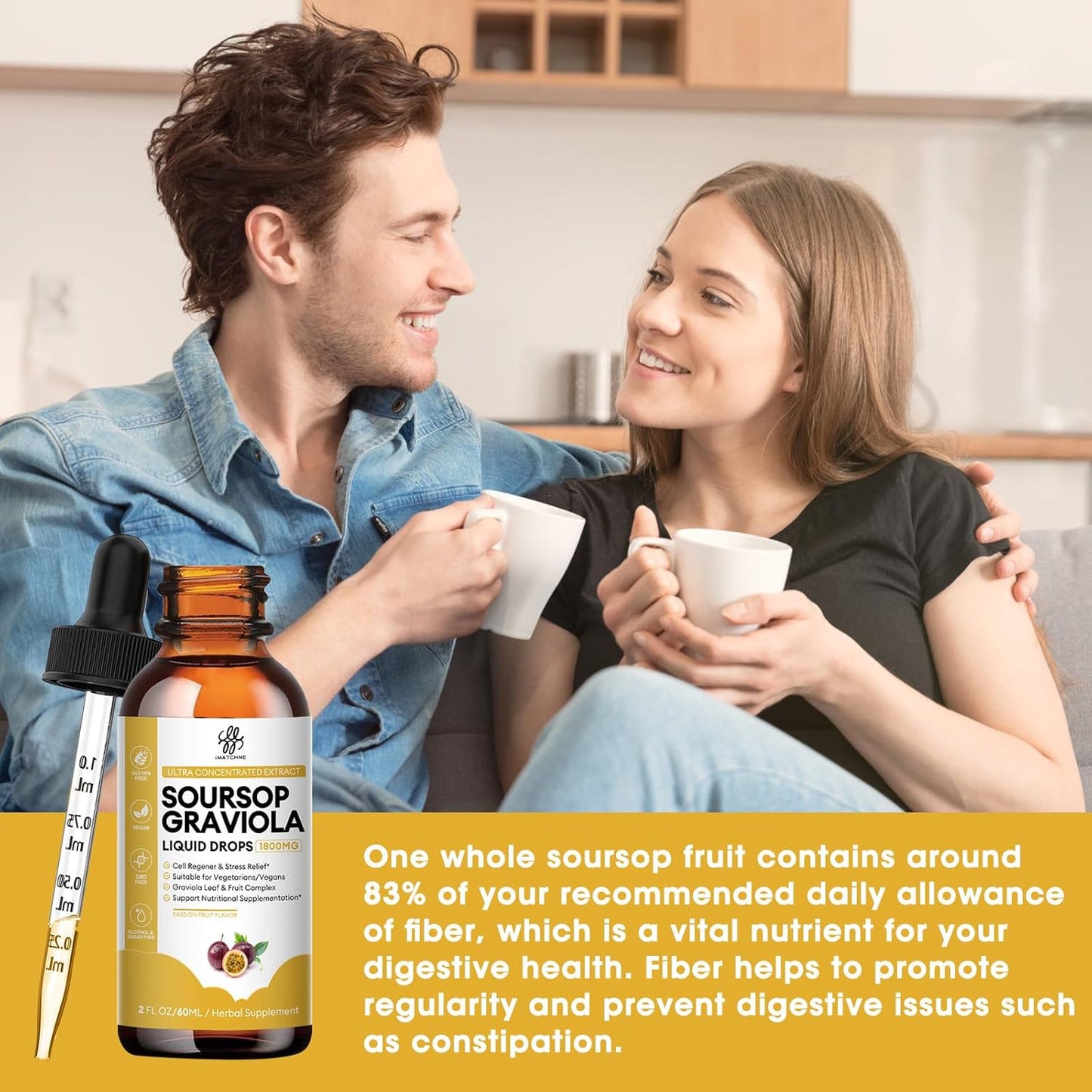 Premium Soursop Graviola Liquid Drops - Digestion, Skin, Sleep Support - Passion Fruit Flavor - 2 Fl Oz