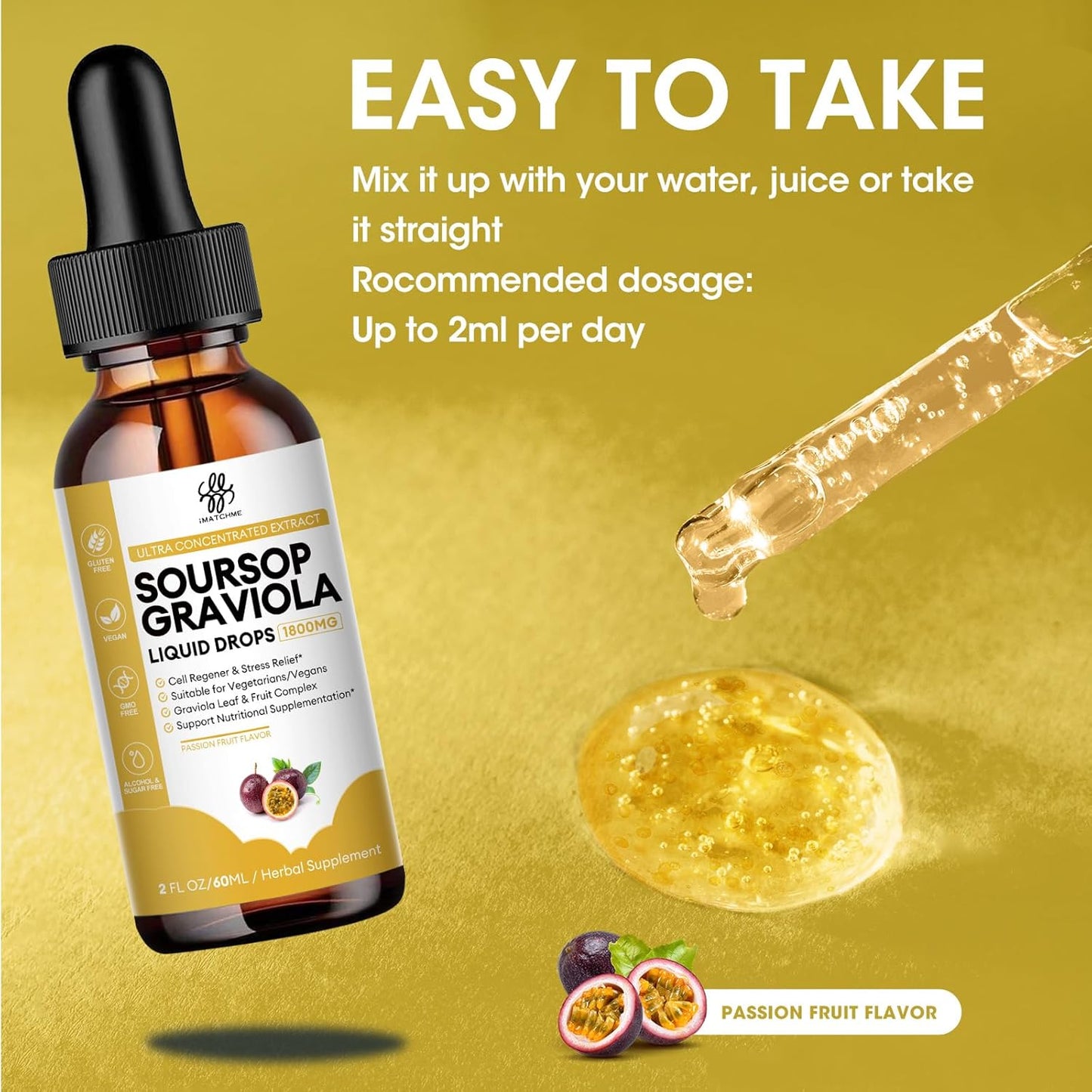 Premium Soursop Graviola Liquid Drops - Digestion, Skin, Sleep Support - Passion Fruit Flavor - 2 Fl Oz
