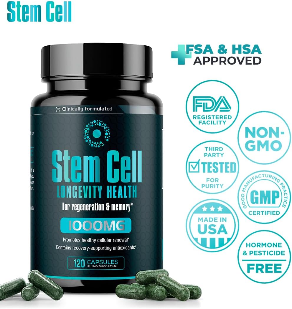Premium Stem Cell Supplements 1,000mg (120 Caps) for Immunity Boost & Joint Support with Spirulina & Chlorella - Celulas Madre Health Formula