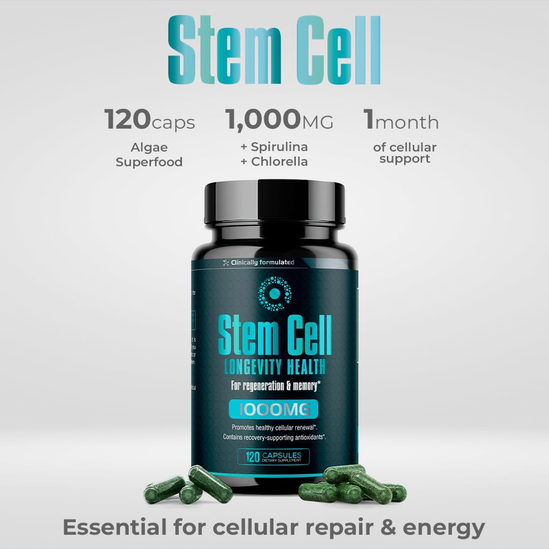 Premium Stem Cell Supplements 1,000mg (120 Caps) for Immunity Boost & Joint Support with Spirulina & Chlorella - Celulas Madre Health Formula