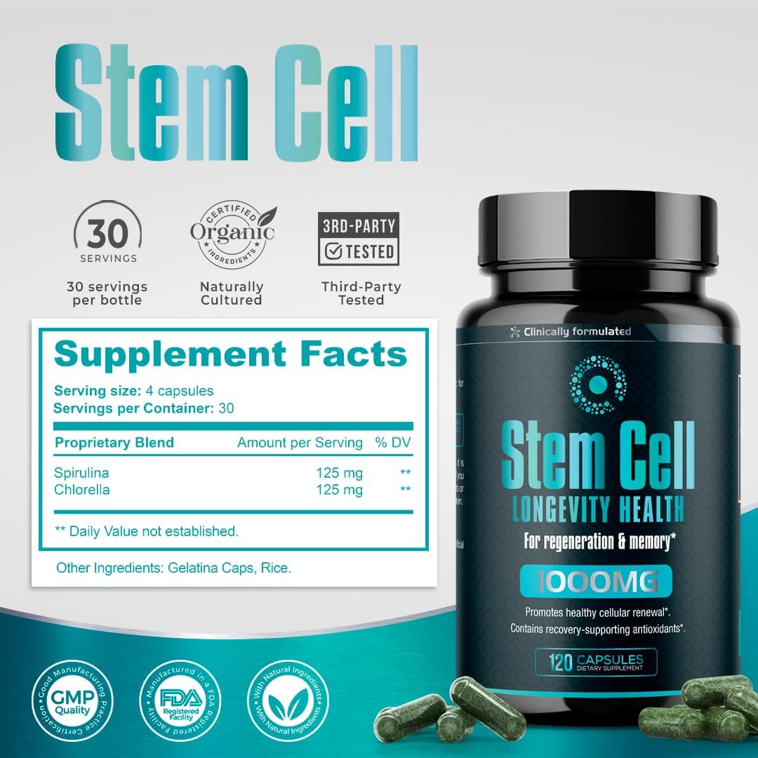 Premium Stem Cell Supplements 1,000mg (120 Caps) for Immunity Boost & Joint Support with Spirulina & Chlorella - Celulas Madre Health Formula