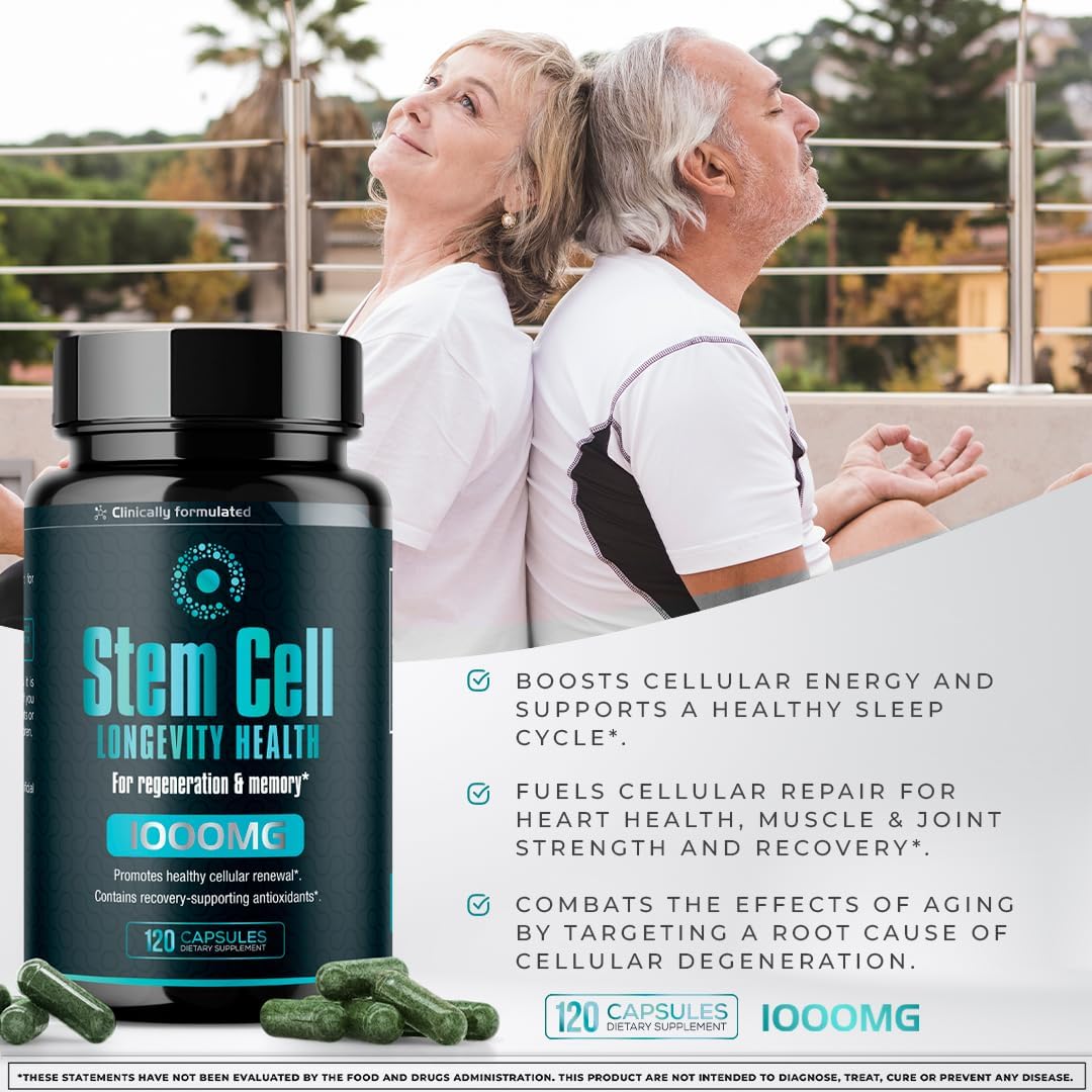 Premium Stem Cell Supplements 1,000mg (120 Caps) for Immunity Boost & Joint Support with Spirulina & Chlorella - Celulas Madre Health Formula