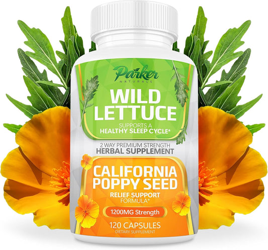 Premium Strength Parker Naturals Wild Lettuce Extract & California Poppy Seed Supplement - Herbal Sleep & Relief Support - 120 Capsules