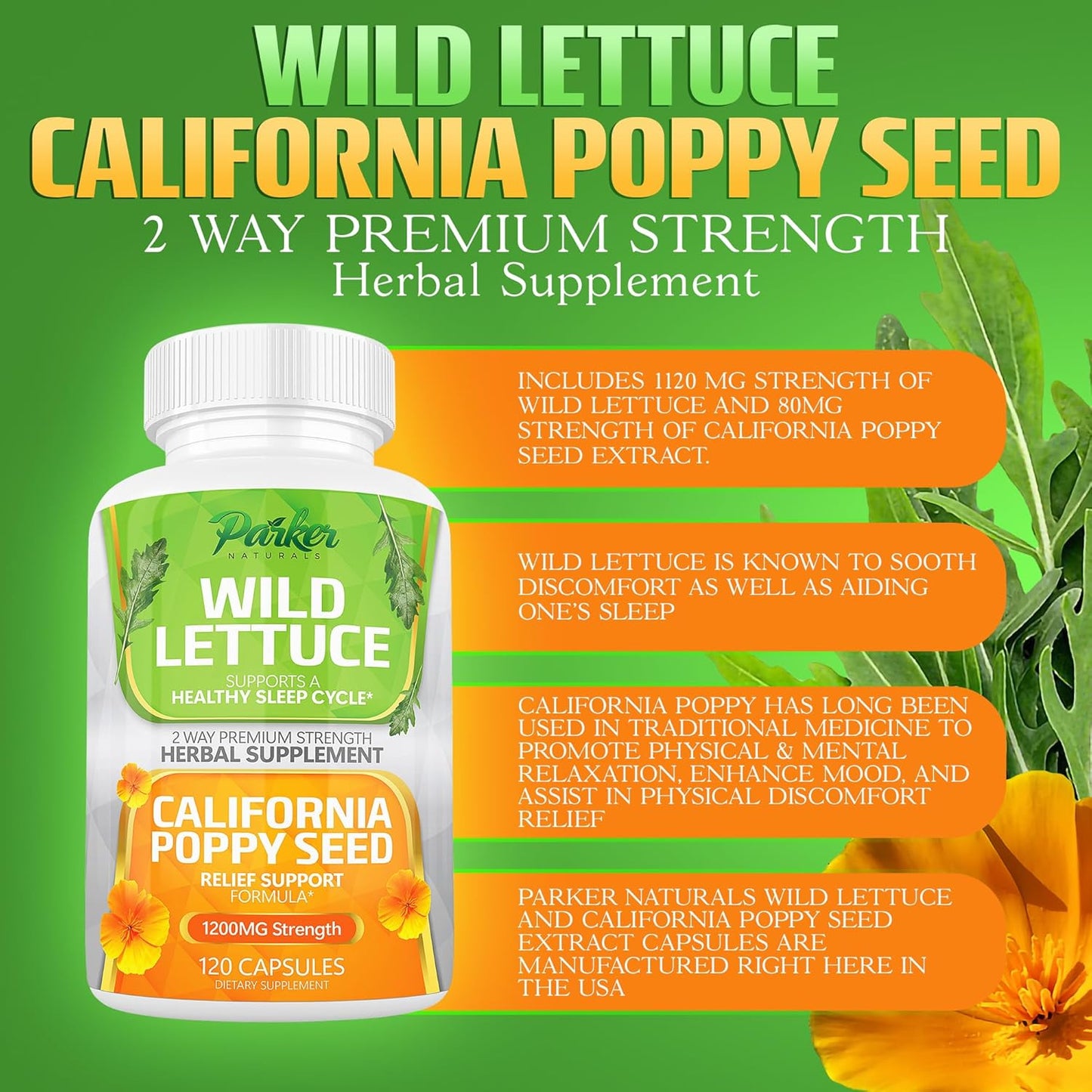 Premium Strength Parker Naturals Wild Lettuce Extract & California Poppy Seed Supplement - Herbal Sleep & Relief Support - 120 Capsules