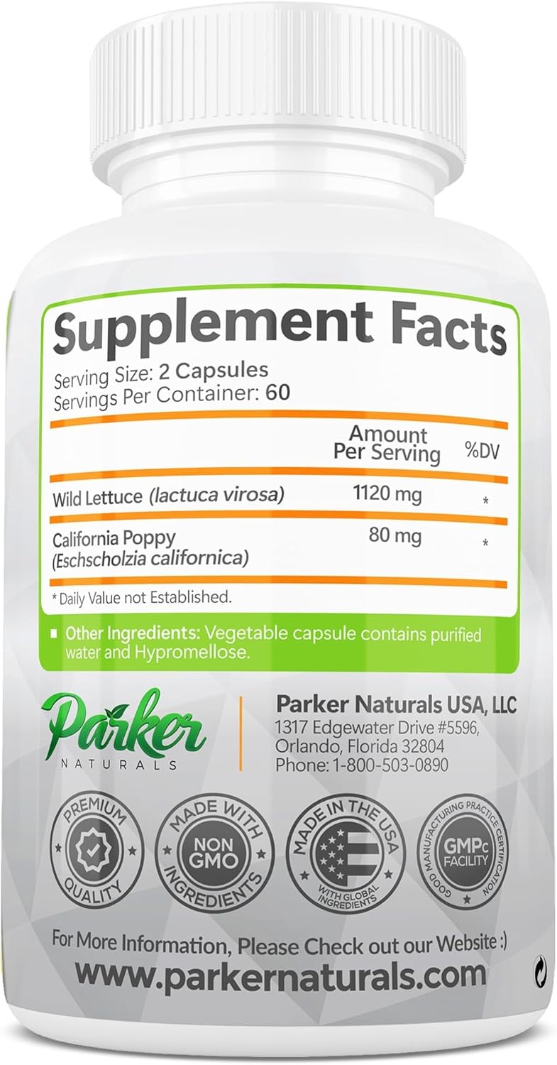 Premium Strength Parker Naturals Wild Lettuce Extract & California Poppy Seed Supplement - Herbal Sleep & Relief Support - 120 Capsules