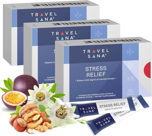 Premium Stress Relief Supplement with Passionflower, Vitamin B6 & B12 - Fast-Acting Natural Formula for Travelers - 10 Sticks/pack x 3