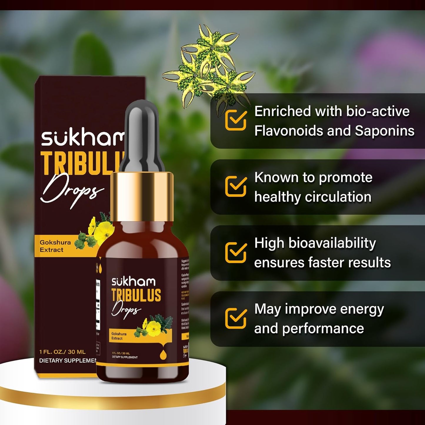 Premium Sukham Tribulus Terrestris Liquid Extract - 3rd Party Tested - Boost Recovery & Performance - Alcohol-Free - 1 FL.OZ