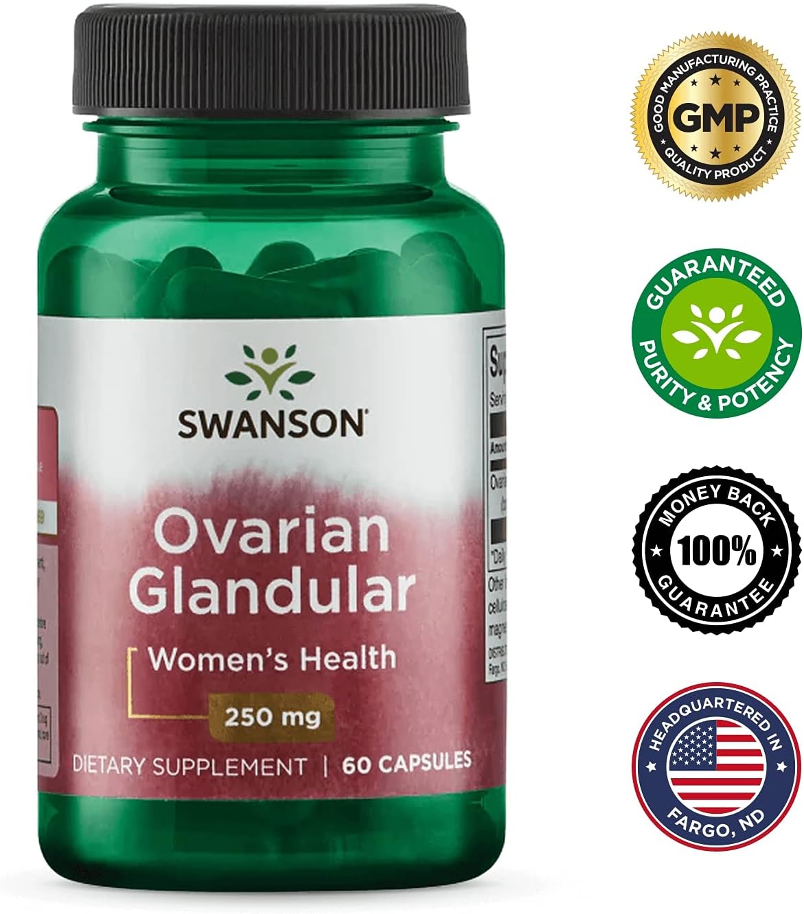 Premium Swanson Ovarian Glandular Supplement for Women's Health - 60 Capsules x 250mg (3 Pack) - Supports Glandular Health and Balance