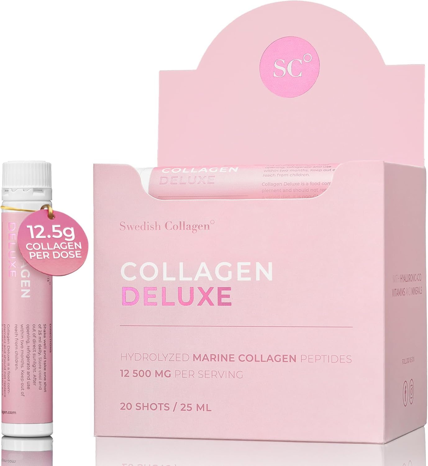 Premium Swedish Collagen Liquid Supplement with 12,500 mg Hydrolyzed Marine Collagen - 20 Daily Shots for Hair, Skin, Nails, and Joints - Hyaluronic Acid, Biotin, Vitamin C - Sugar-Free Formula