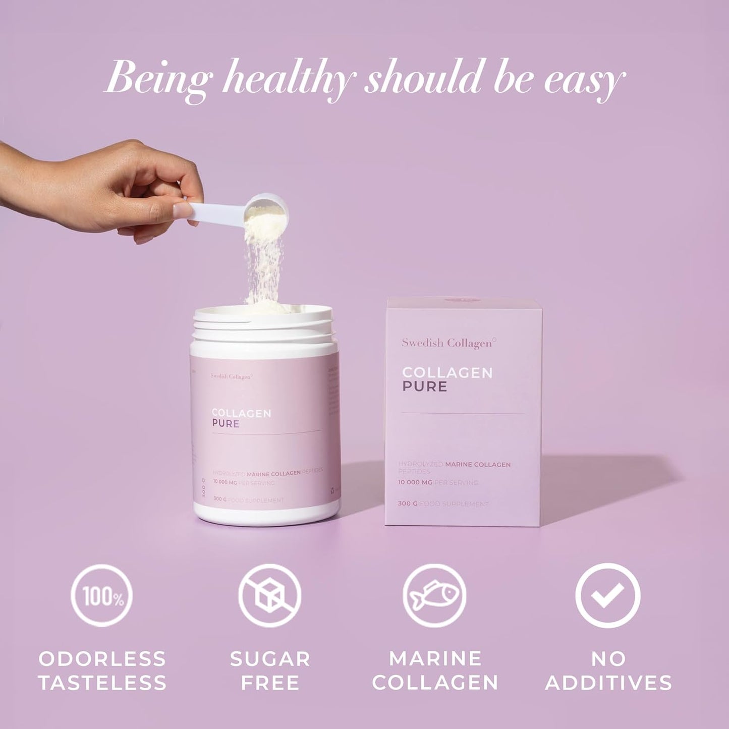 Premium Swedish Collagen Powder Supplement - 10,000 mg Hydrolyzed Marine Collagen - 30 Day Supply for Hair, Skin, Nails & Joints - Pure Peptide Formula - 100% Natural, Gluten Free, Sugar-Free