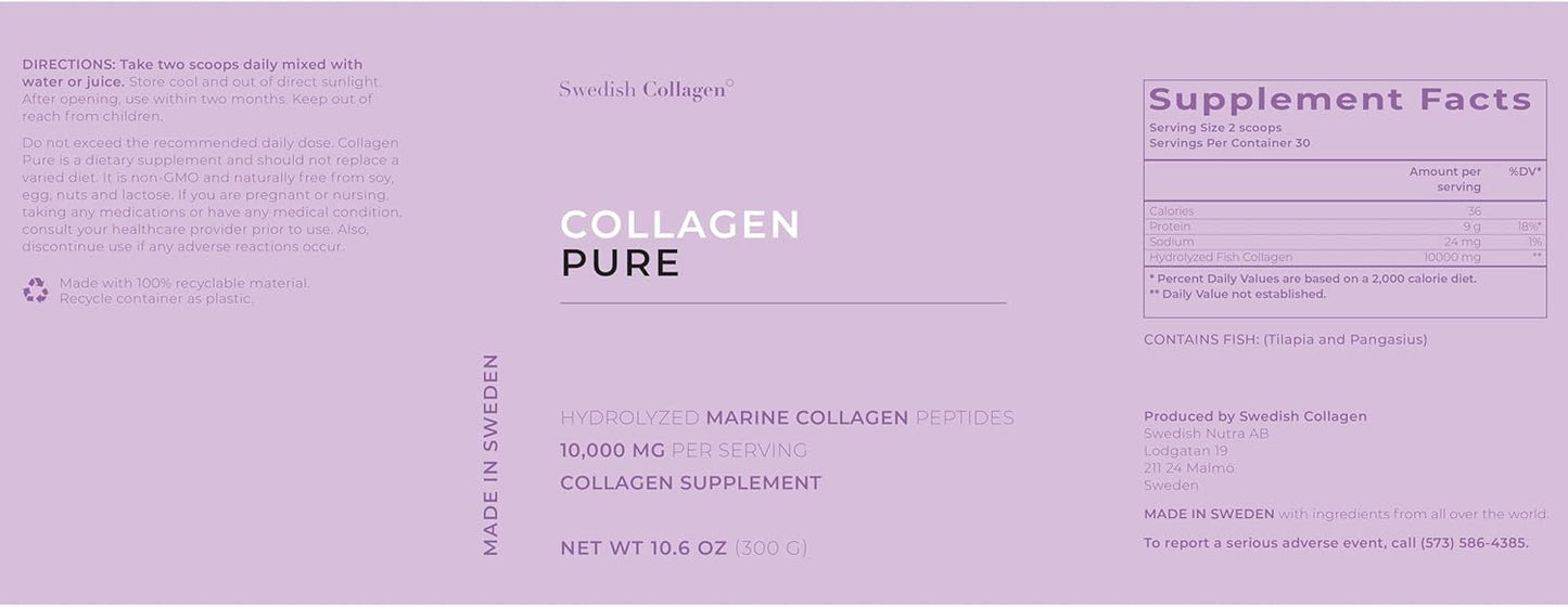 Premium Swedish Collagen Powder Supplement - 10,000 mg Hydrolyzed Marine Collagen - 30 Day Supply for Hair, Skin, Nails & Joints - Pure Peptide Formula - 100% Natural, Gluten Free, Sugar-Free