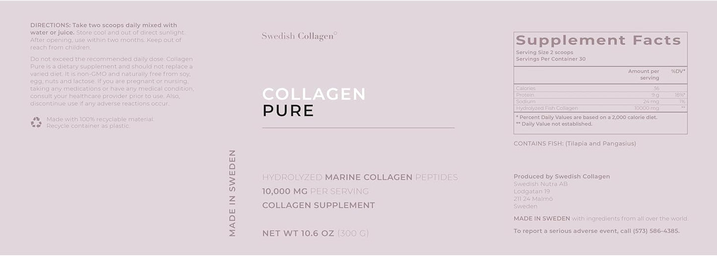 Premium Swedish Collagen Powder Supplement - 10,000 mg Hydrolyzed Marine Collagen - 30 Day Supply for Hair, Skin, Nails & Joints - Pure Peptide Formula - 100% Natural, Gluten Free, Sugar-Free