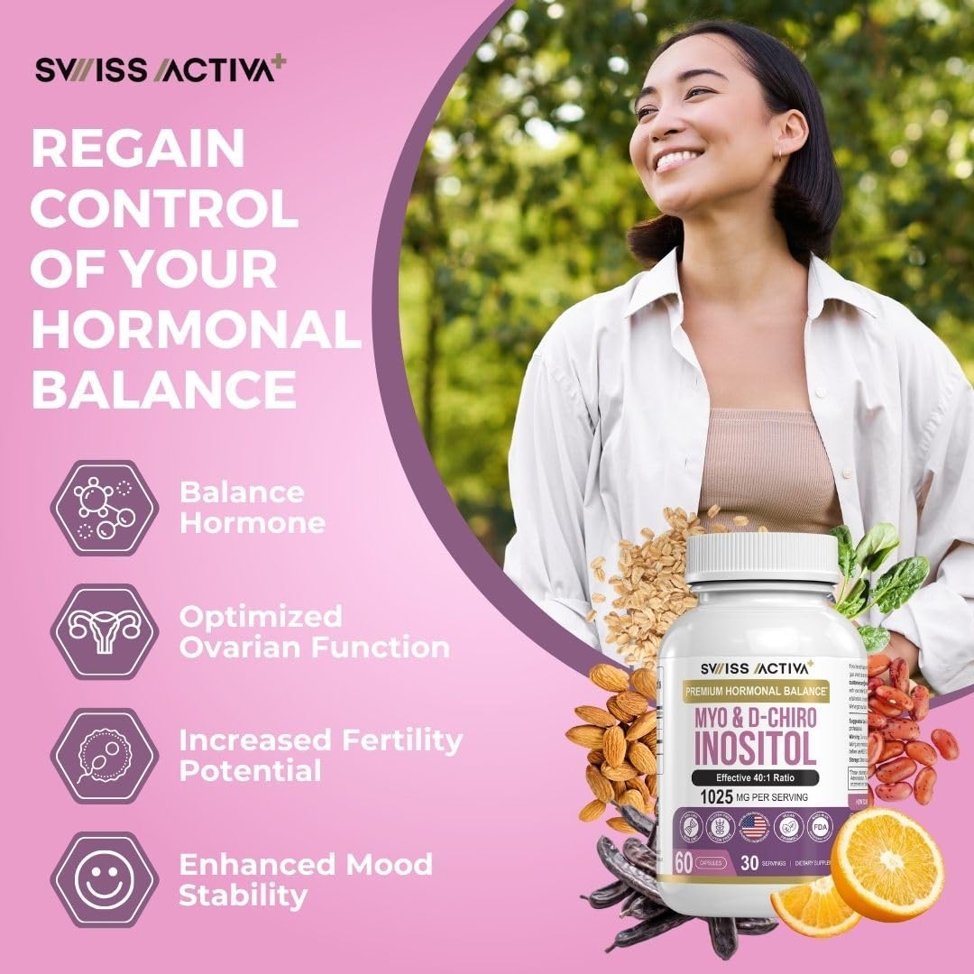 Premium Swiss Activa+ Myo Inositol & D-Chiro Inositol Supplements for Women - Hormone Balance & PCOS Support - Regulate Menstrual Cycle - Ovarian Health - 30 Day Supply