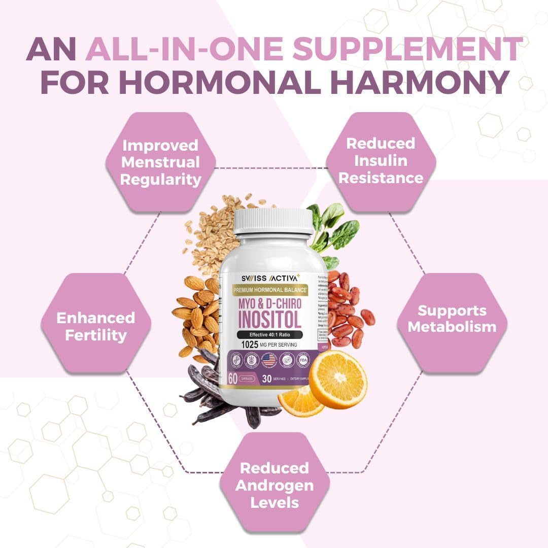 Premium Swiss Activa+ Myo Inositol & D-Chiro Inositol Supplements for Women - Hormone Balance & PCOS Support - Regulate Menstrual Cycle - Ovarian Health - 30 Day Supply