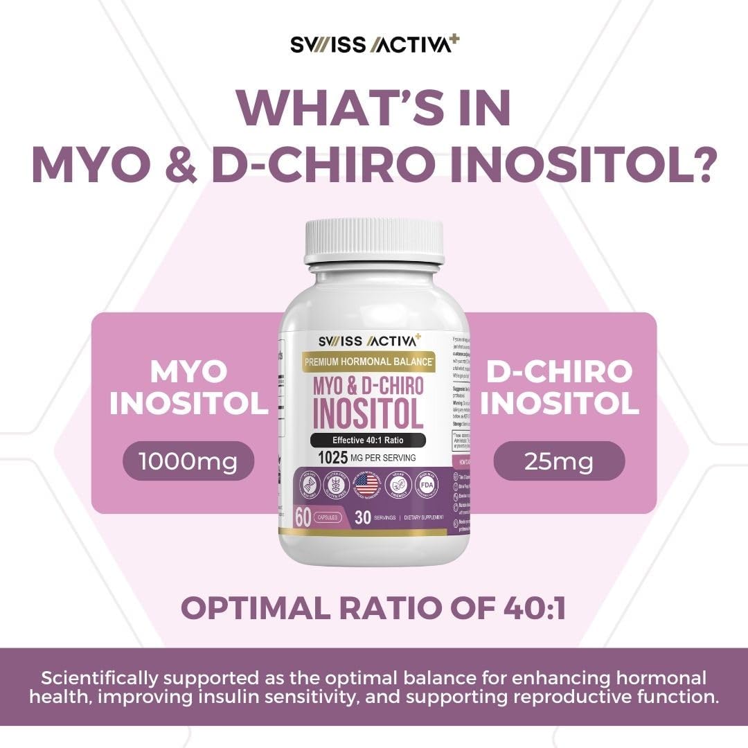 Premium Swiss Activa+ Myo Inositol & D-Chiro Inositol Supplements for Women - Hormone Balance & PCOS Support - Regulate Menstrual Cycle - Ovarian Health - 30 Day Supply