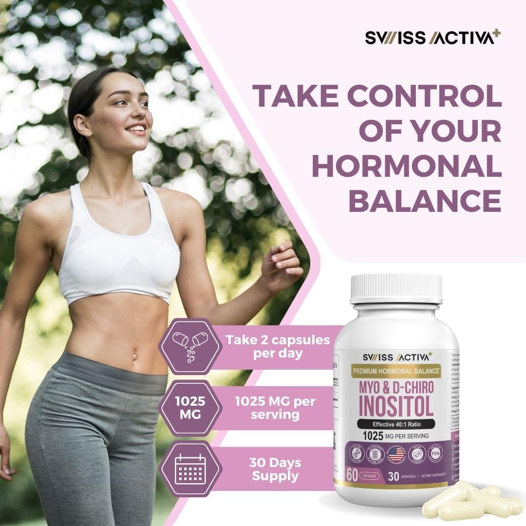 Premium Swiss Activa+ Myo Inositol & D-Chiro Inositol Supplements for Women - Hormone Balance & PCOS Support - Regulate Menstrual Cycle - Ovarian Health - 30 Day Supply