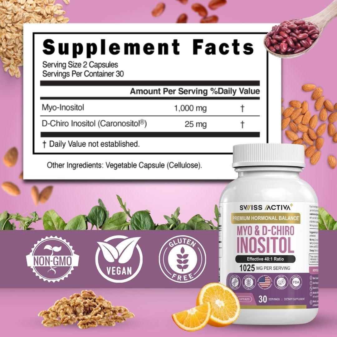 Premium Swiss Activa+ Myo Inositol & D-Chiro Inositol Supplements for Women - Hormone Balance & PCOS Support - Regulate Menstrual Cycle - Ovarian Health - 30 Day Supply