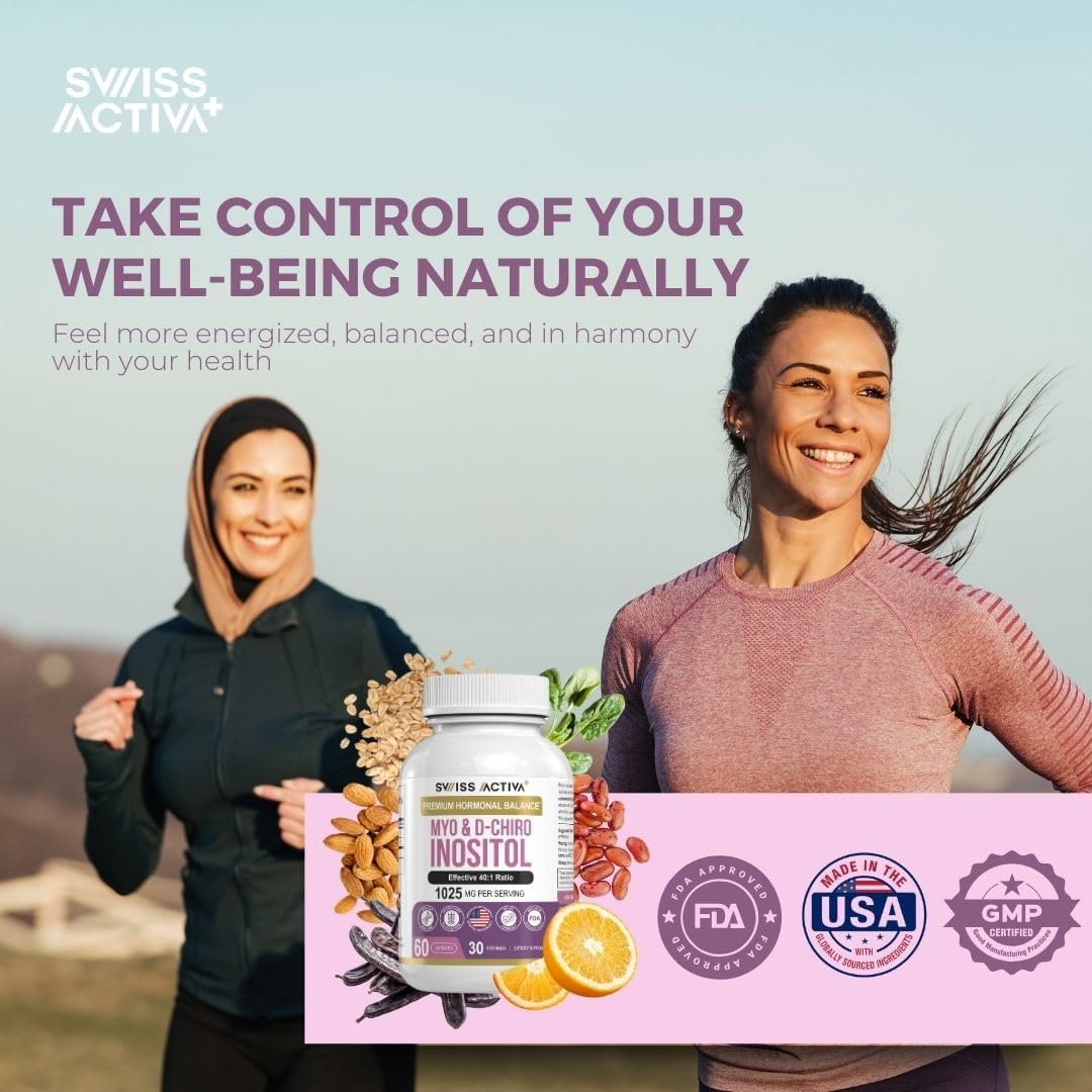 Premium Swiss Activa+ Myo Inositol & D-Chiro Inositol Supplements for Women - Hormone Balance & PCOS Support - Regulate Menstrual Cycle - Ovarian Health - 30 Day Supply