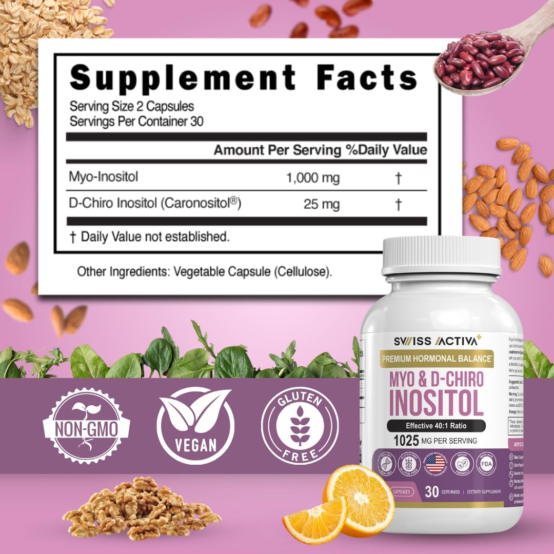 Premium Swiss Activa+ Myo Inositol & D-Chiro Inositol Supplements for Women - Hormone Balance & PCOS Support - Regulate Menstrual Cycle - Ovarian Health - 30 Day Supply