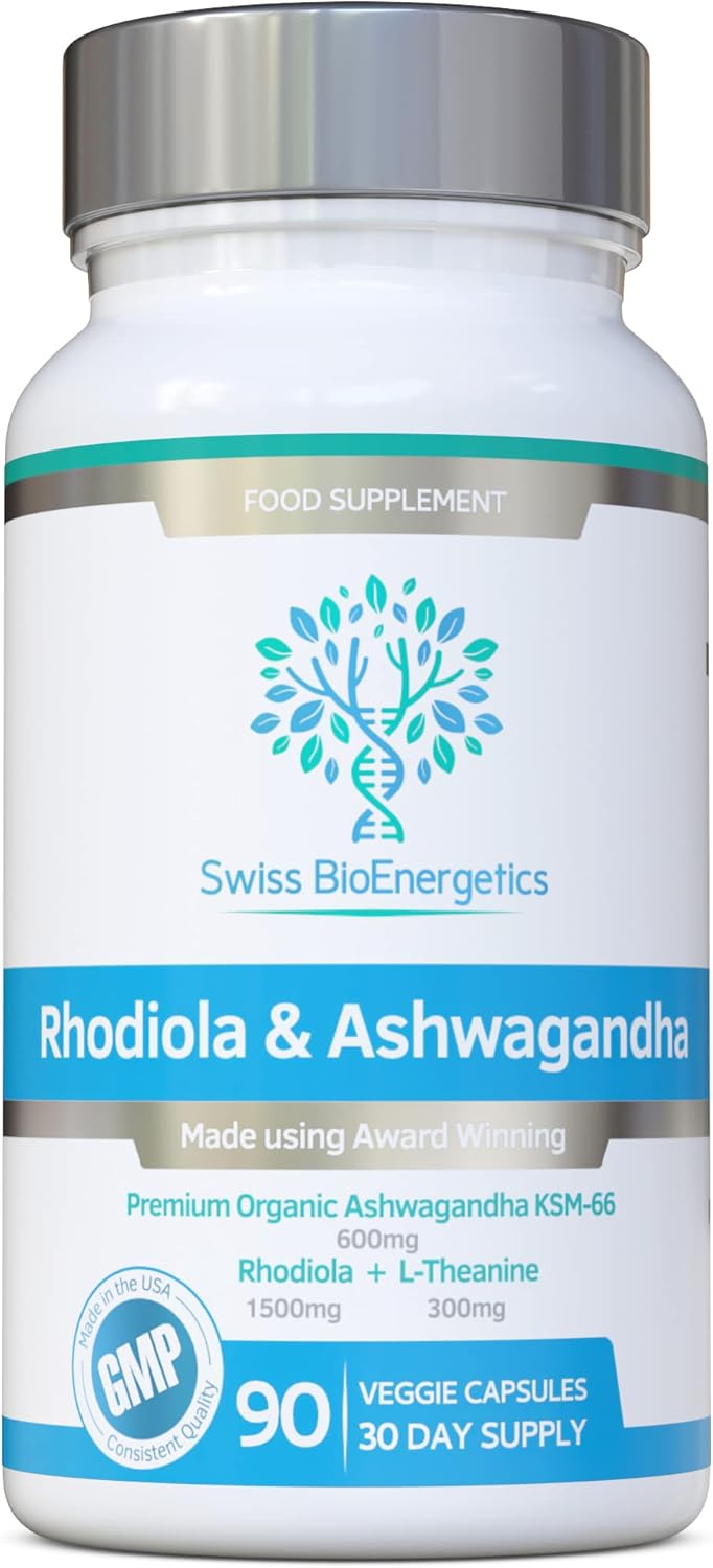 Premium Swiss Bioenergetics Rhodiola & Ashwagandha with L-Theanine - KSM-66 Ashwagandha 600mg & Rhodiola 1500mg - Adaptogen Combo with No Fillers