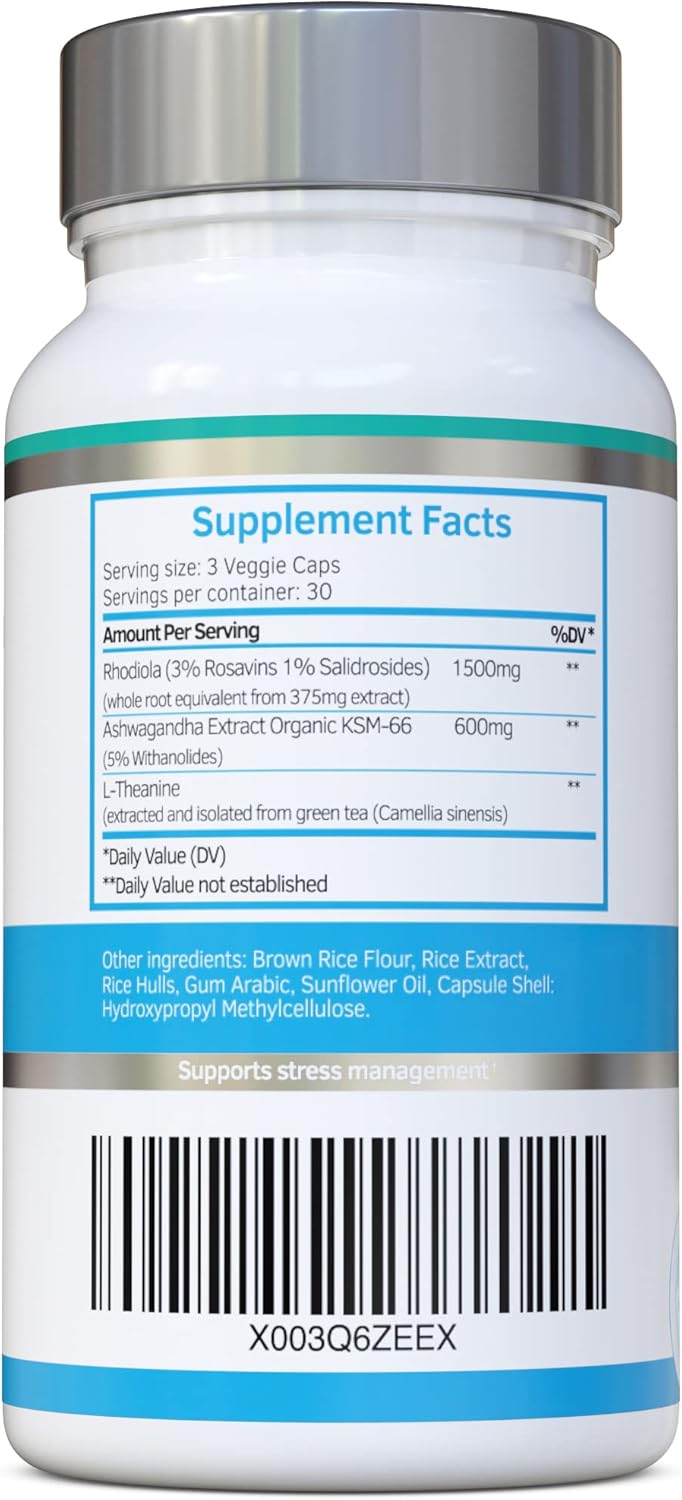 Premium Swiss Bioenergetics Rhodiola & Ashwagandha with L-Theanine - KSM-66 Ashwagandha 600mg & Rhodiola 1500mg - Adaptogen Combo with No Fillers