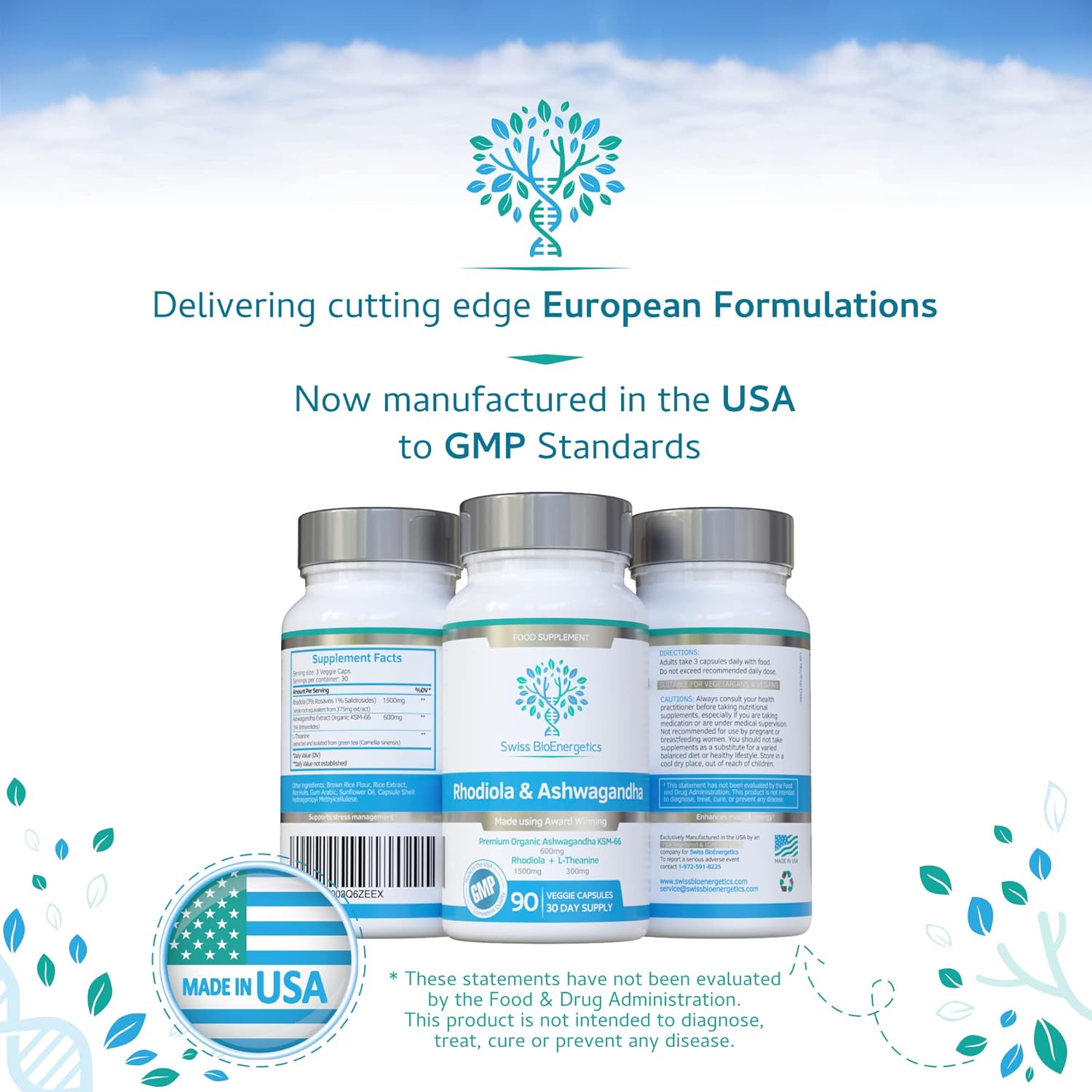 Premium Swiss Bioenergetics Rhodiola & Ashwagandha with L-Theanine - KSM-66 Ashwagandha 600mg & Rhodiola 1500mg - Adaptogen Combo with No Fillers