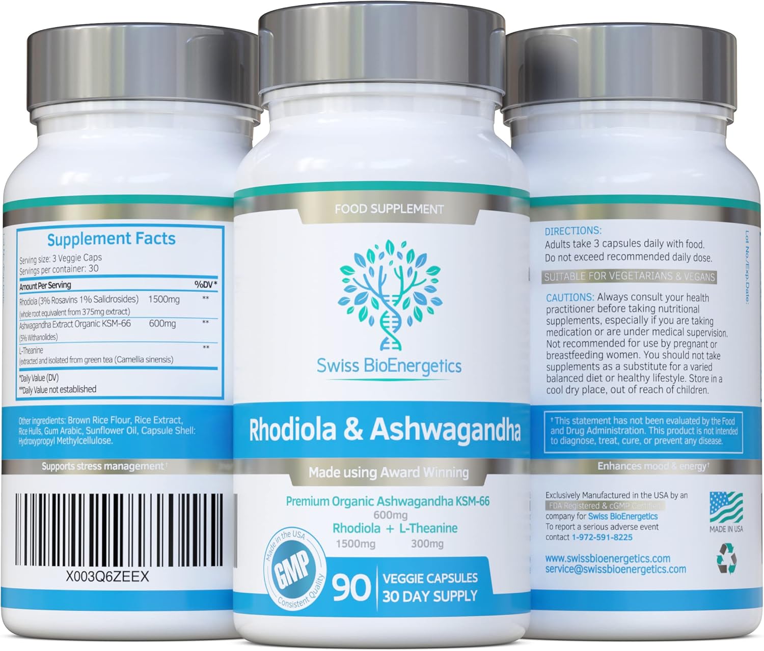 Premium Swiss Bioenergetics Rhodiola & Ashwagandha with L-Theanine - KSM-66 Ashwagandha 600mg & Rhodiola 1500mg - Adaptogen Combo with No Fillers