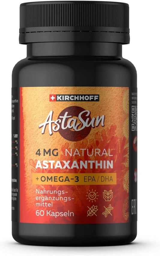 Premium Swiss Lab-Tested Astaxanthin AstaSun Capsules for Skin, Eyes, and Joints - 60ct with EPADHA Omega 3 - 4mg