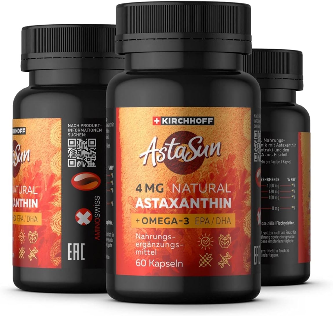 Premium Swiss Lab-Tested Astaxanthin AstaSun Capsules for Skin, Eyes, and Joints - 60ct with EPADHA Omega 3 - 4mg