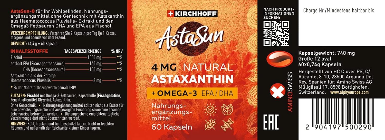 Premium Swiss Lab-Tested Astaxanthin AstaSun Capsules for Skin, Eyes, and Joints - 60ct with EPADHA Omega 3 - 4mg